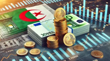 DALL·E 2024 11 19 16.14.46 A high quality widescreen image depicting a stack of Euro banknotes and Algerian dinar coins placed on a financial chart background. The design includ